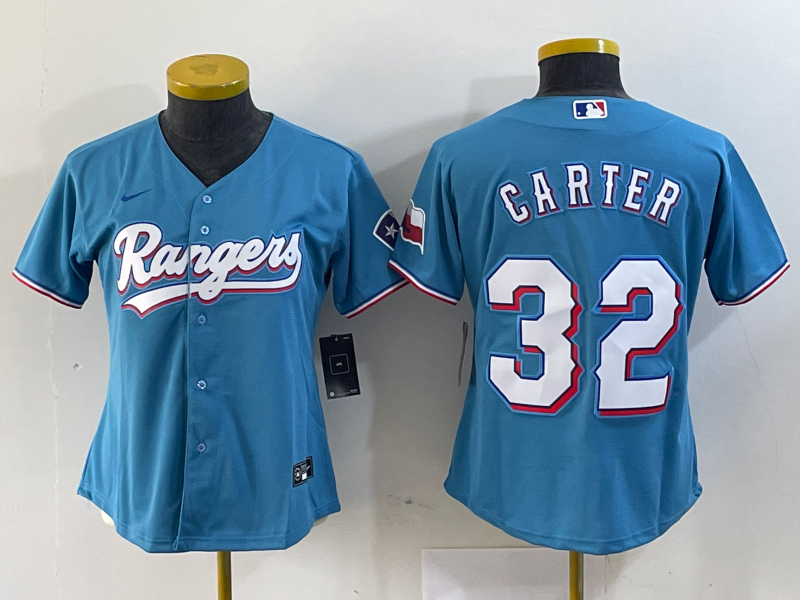 Women's Texas Rangers #32 Evan Carter Blue With Patch Stitched Baseball Jersey(Run Small)